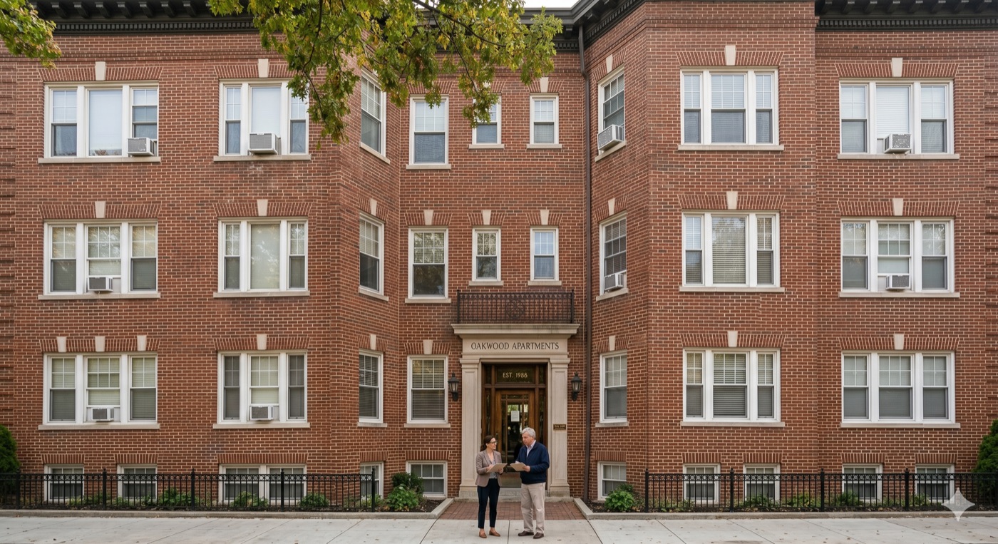Two people standing in front of Oakwood Apartments, a red brick co-op building